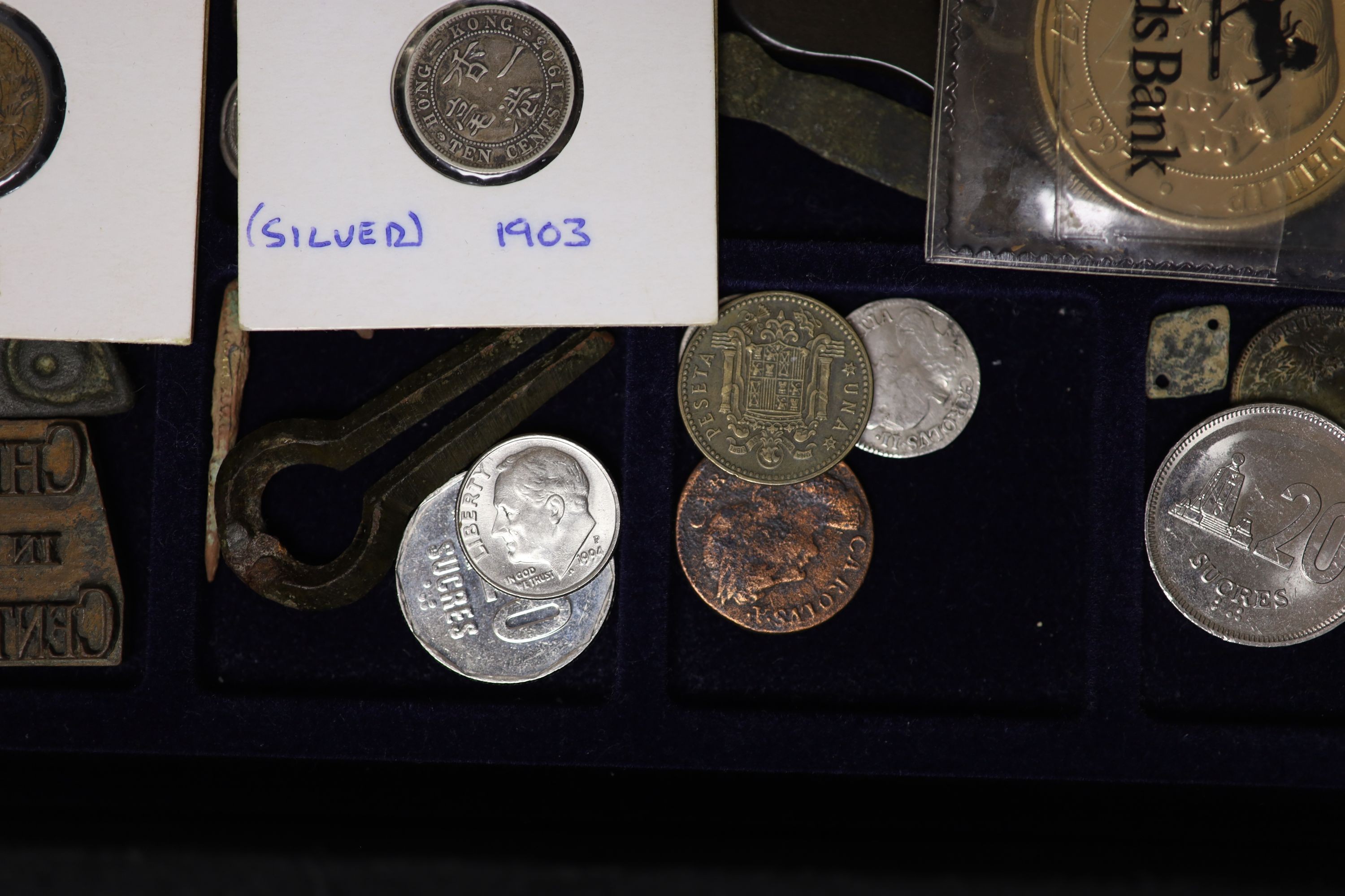 A large collection of silver, bronze and copper coins, metal fragments etc. found in Sussex, 3 trays in a case